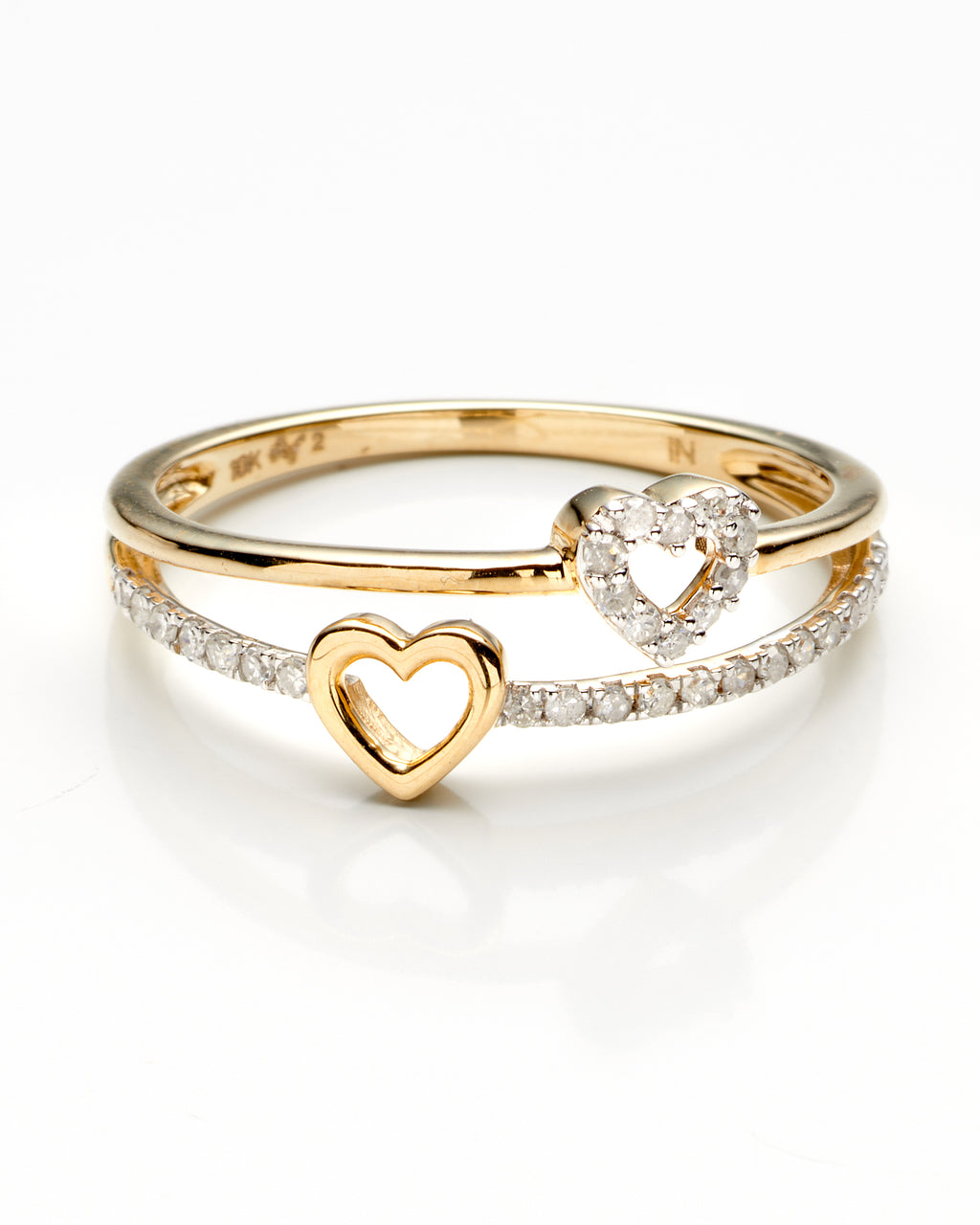 0.15Ctw 10K Yellow Gold Double Heart Ring Size 7 1.0Dwt