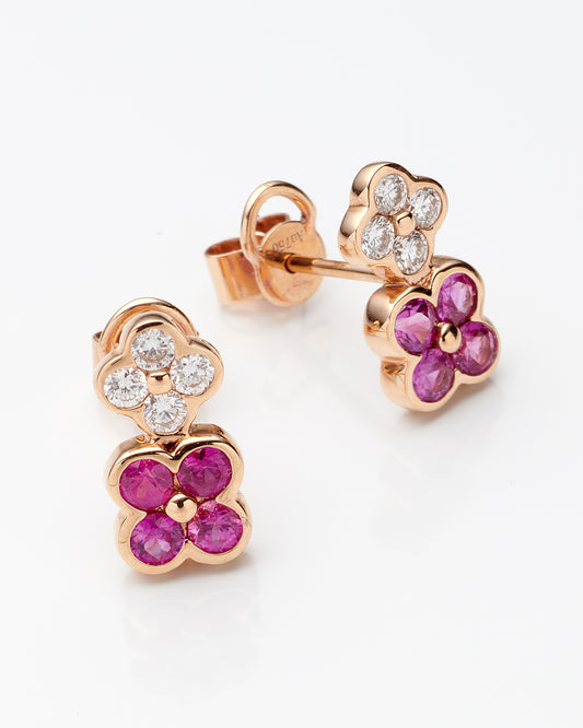 0.23Ctw Diamond 0.63Ctw Pink Sapphire 18K Rose Gold Flower Stud Earrings 1.5Dwt