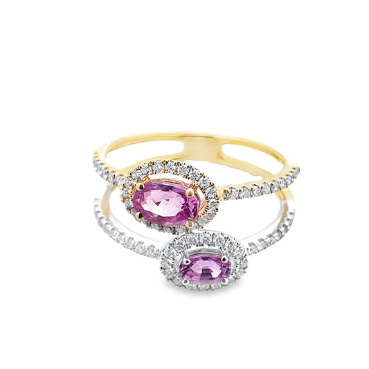 0.38 Ctw Dird 0.95 Psov 14K Two Tone Gold Pink Sapphire & Dia Ring Size 7 2.0Dwt