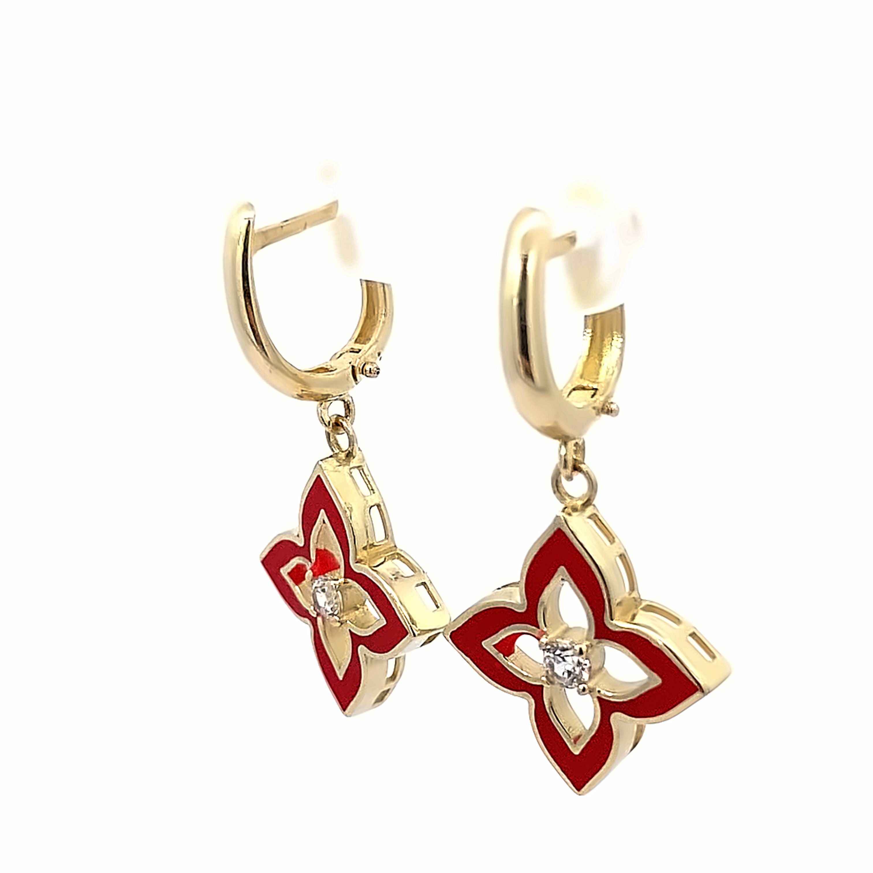 14K Yellow Gold Enameled Flower Drop Earrings 2.4Dwt