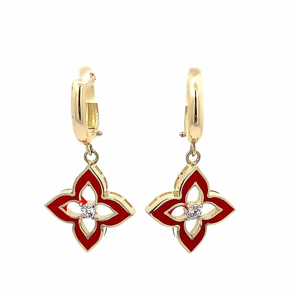 14K Yellow Gold Enameled Flower Drop Earrings 2.4Dwt