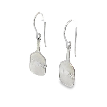 10K White Gold Dangling Pickleball Paddles Earrings 1.1Dwt