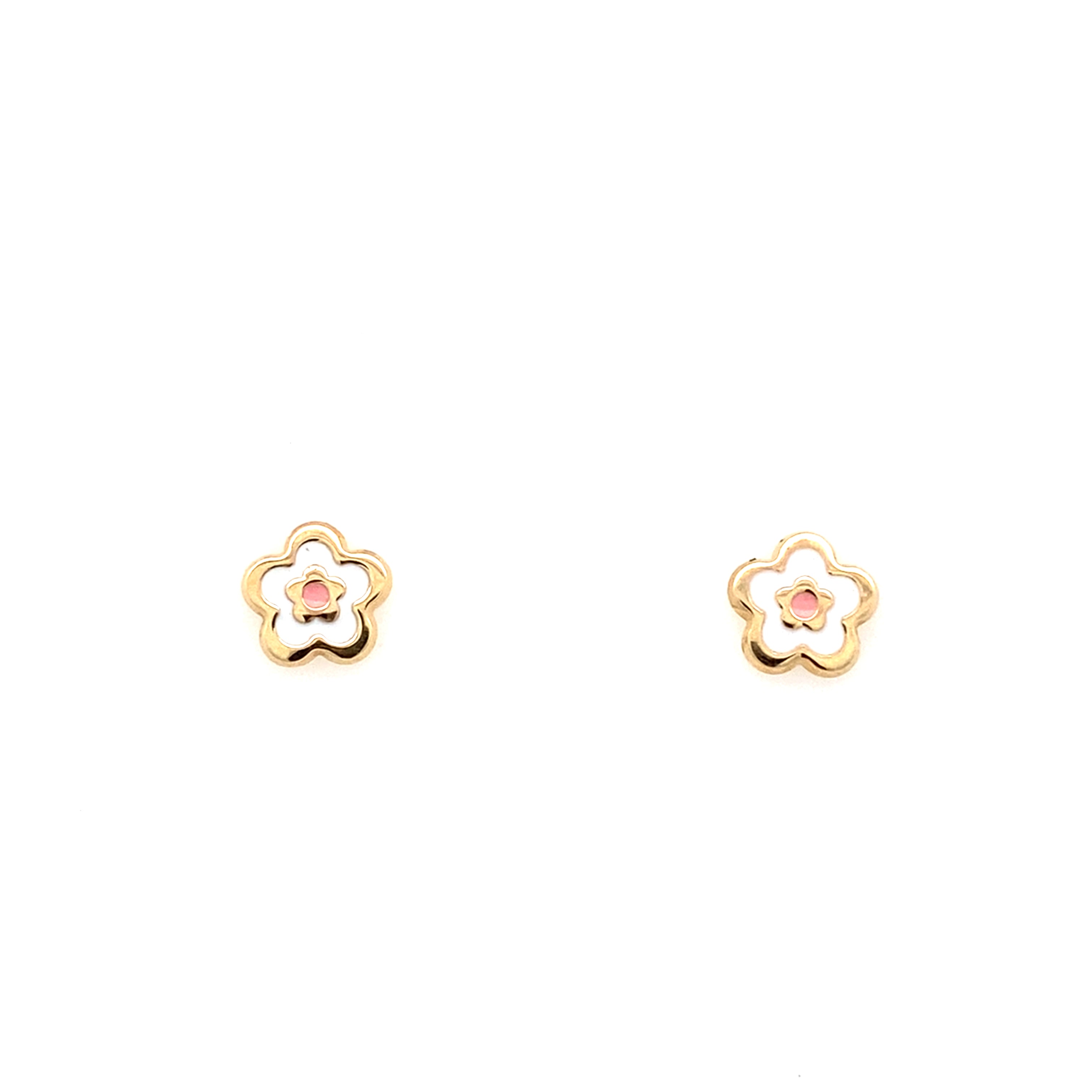 14K Yellow Gold White & Pink Enamel Flower Stud Earrings 0.2Dwt