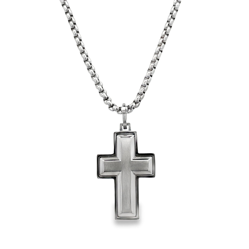 Stainless Steel Brushed Center Cross Necklace 22In 10.7Dwt