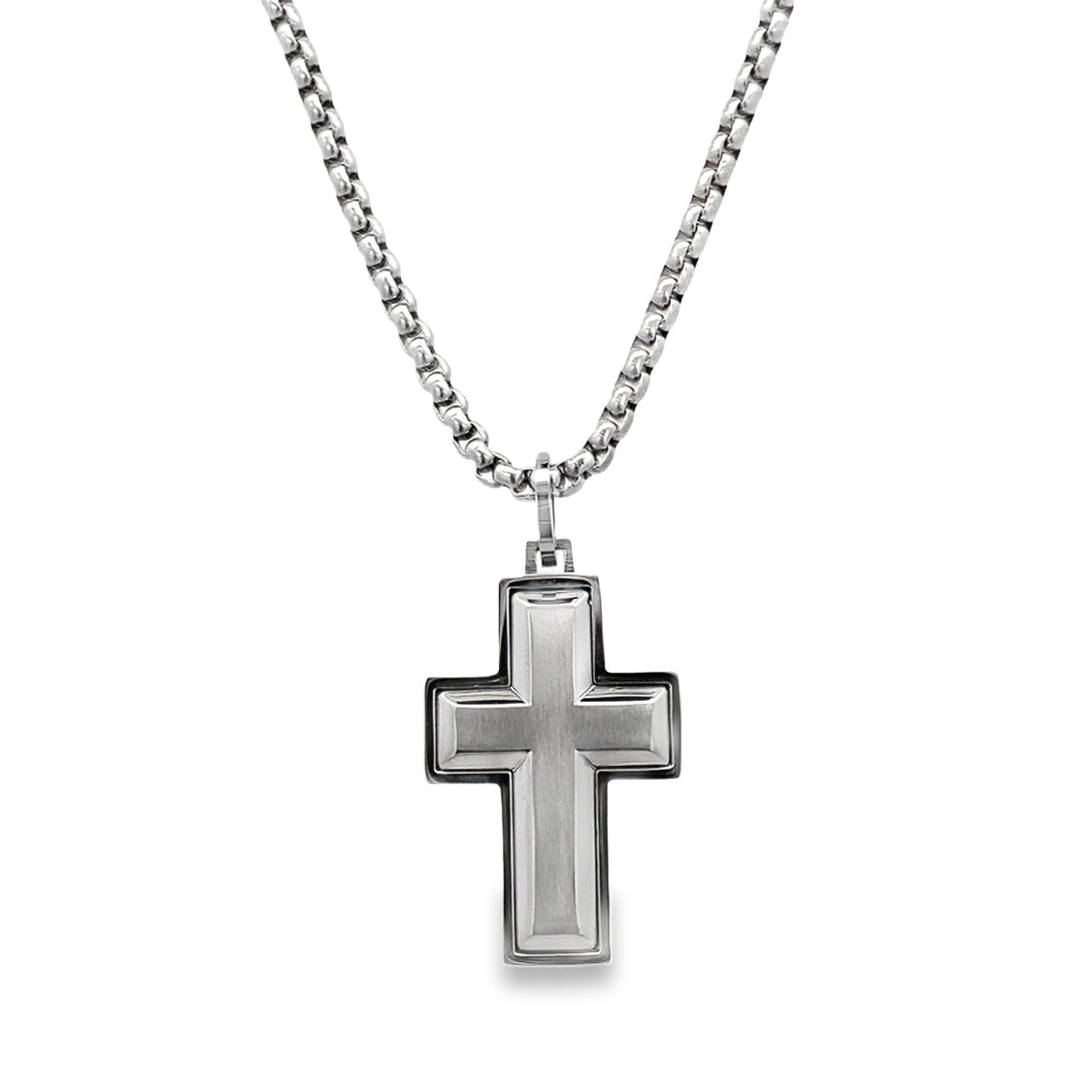 Stainless Steel Brushed Center Cross Necklace 22In 10.7Dwt