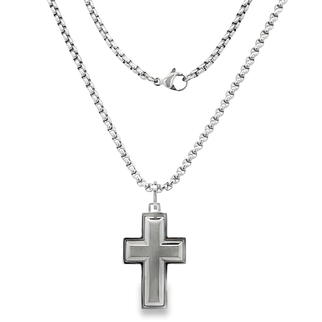 Stainless Steel Brushed Center Cross Necklace 22In 10.7Dwt