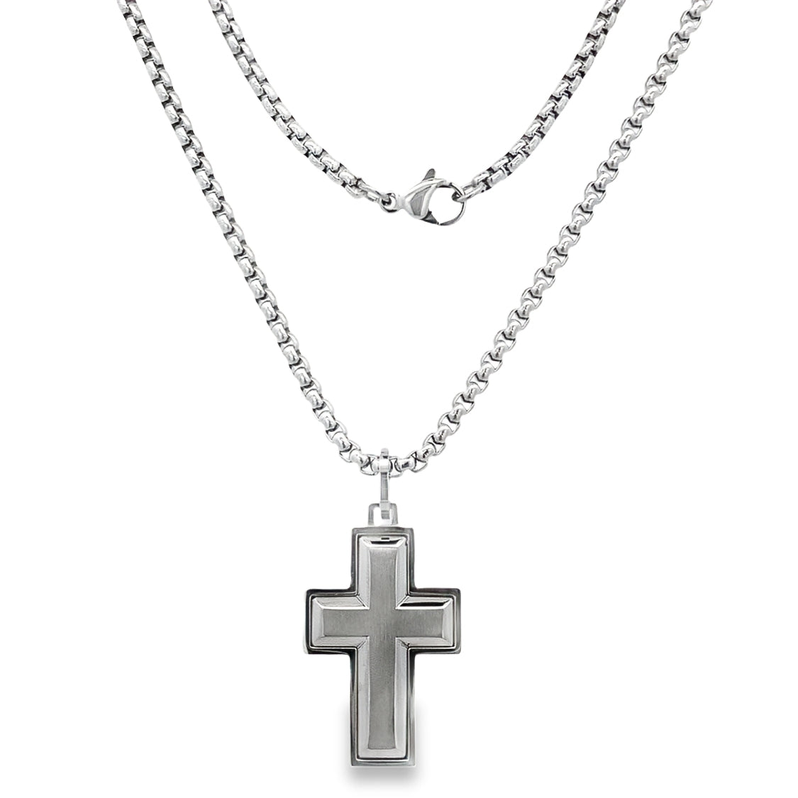 Stainless Steel Brushed Center Cross Necklace 22In 10.7Dwt