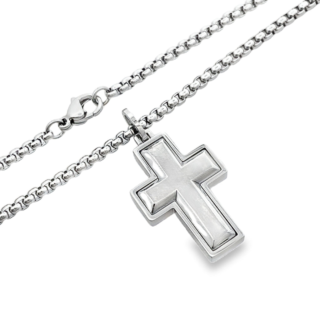 Stainless Steel Brushed Center Cross Necklace 22In 10.7Dwt