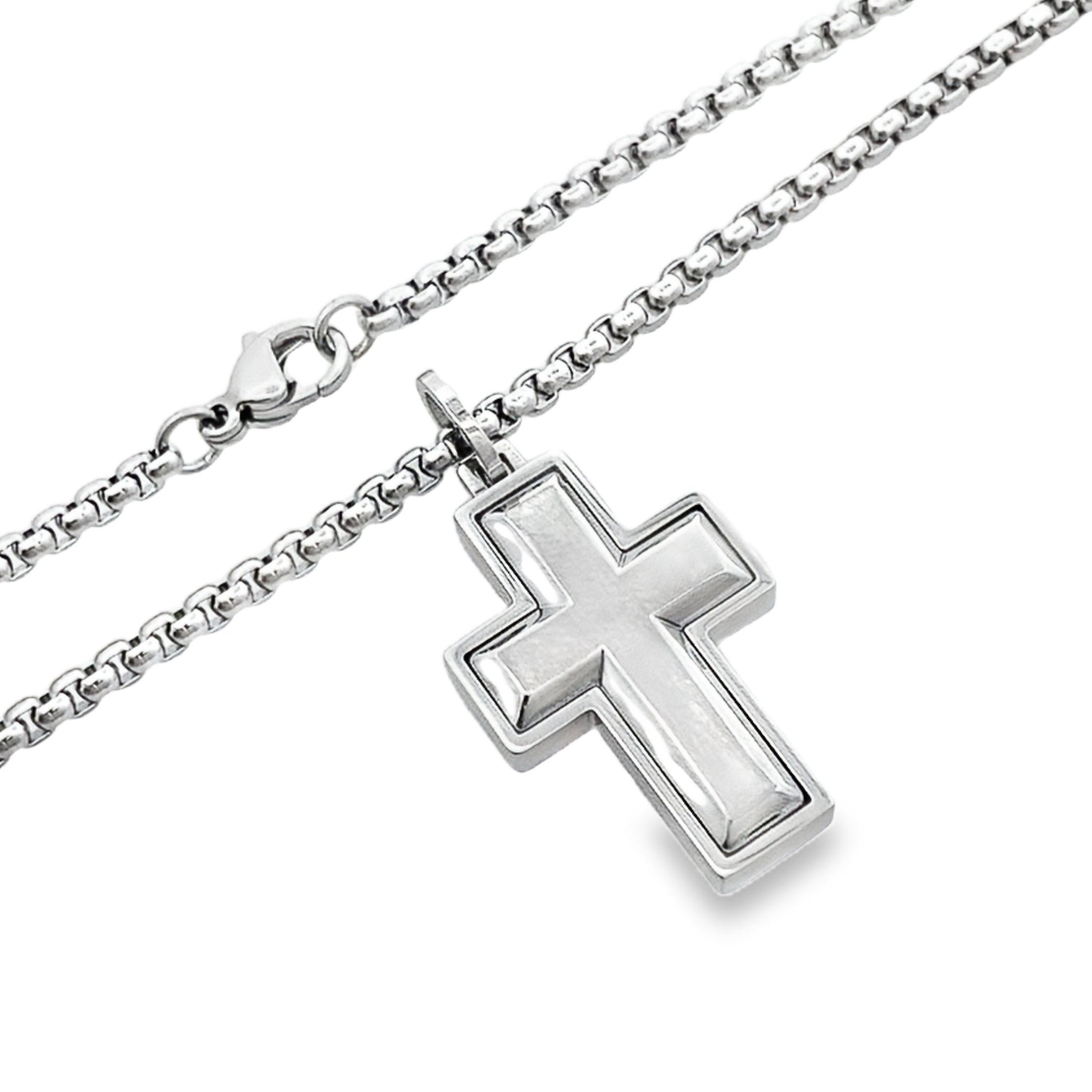 Stainless Steel Brushed Center Cross Necklace 22In 10.7Dwt