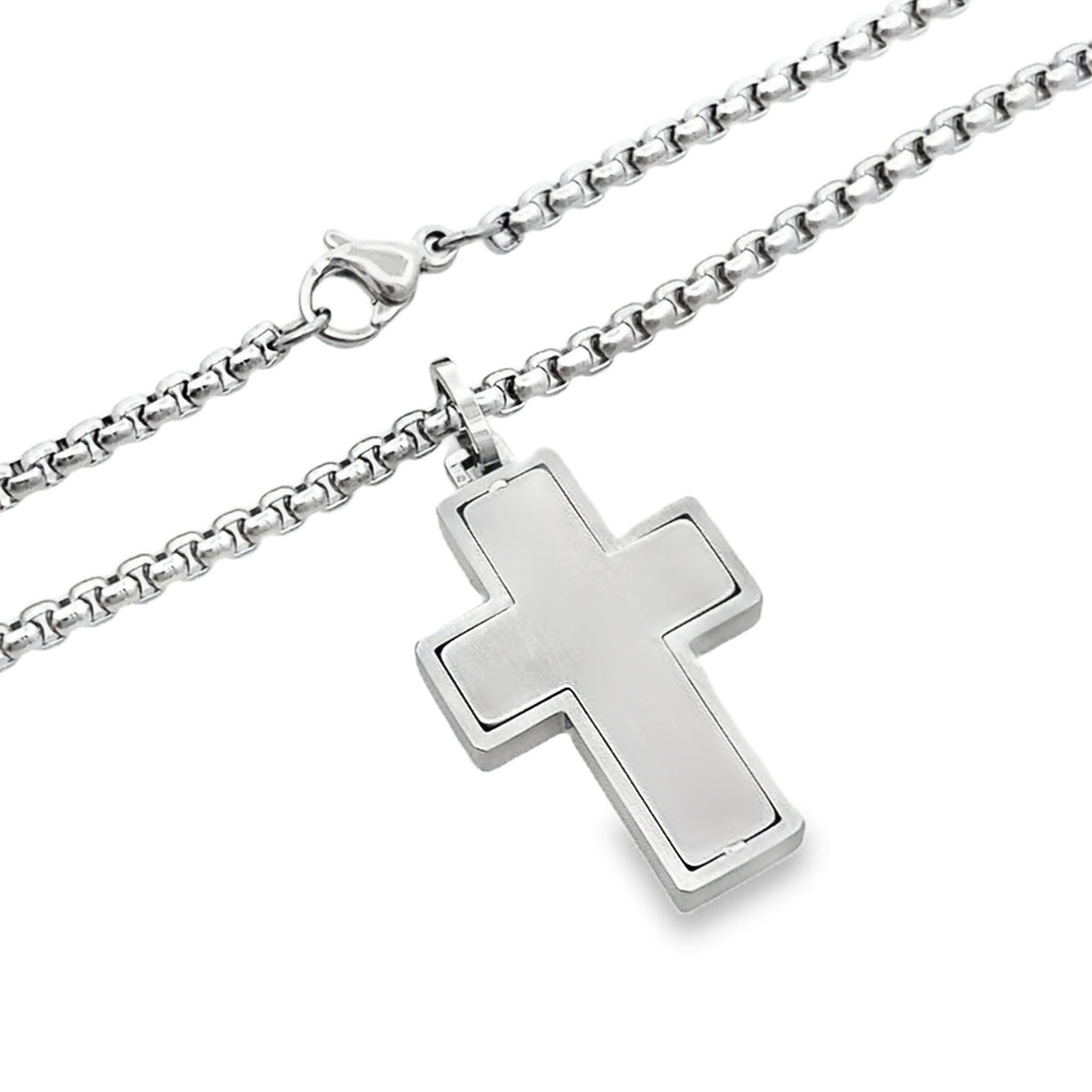 Stainless Steel Brushed Center Cross Necklace 22In 10.7Dwt