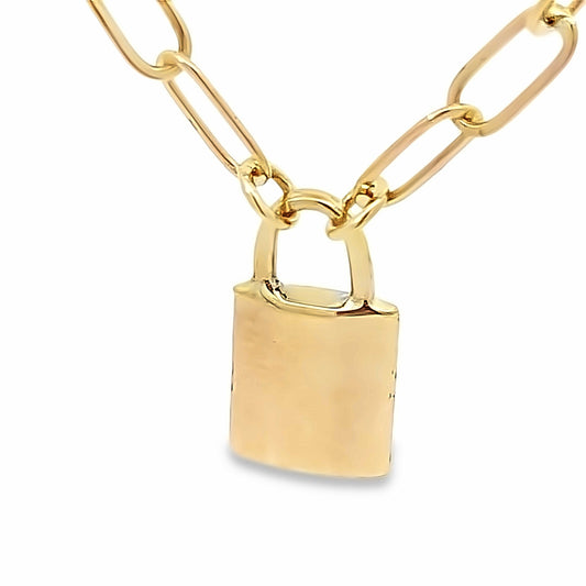 14K Yellow Gold Paper Clip Link Necklace W/ Padlock 16In 3.0Dwt