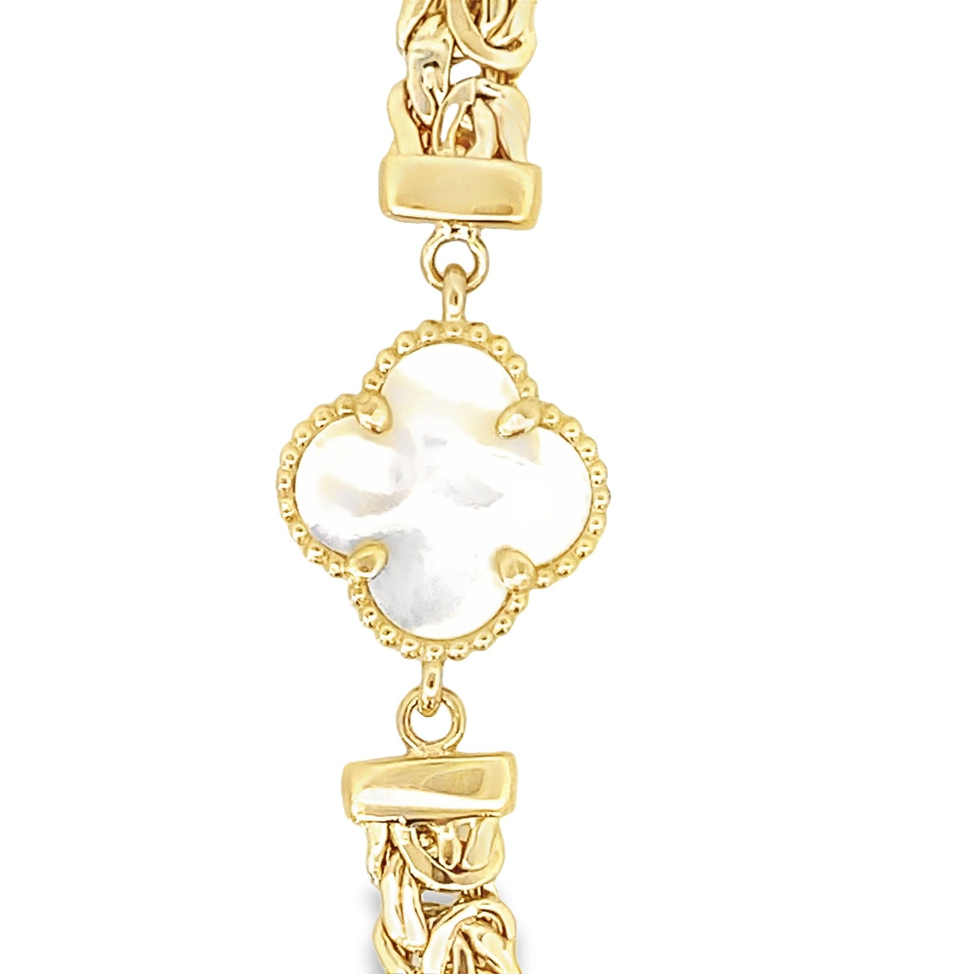 14K Yellow Gold Mother Of Pearl Flower Byzantine Link Neclace 18In