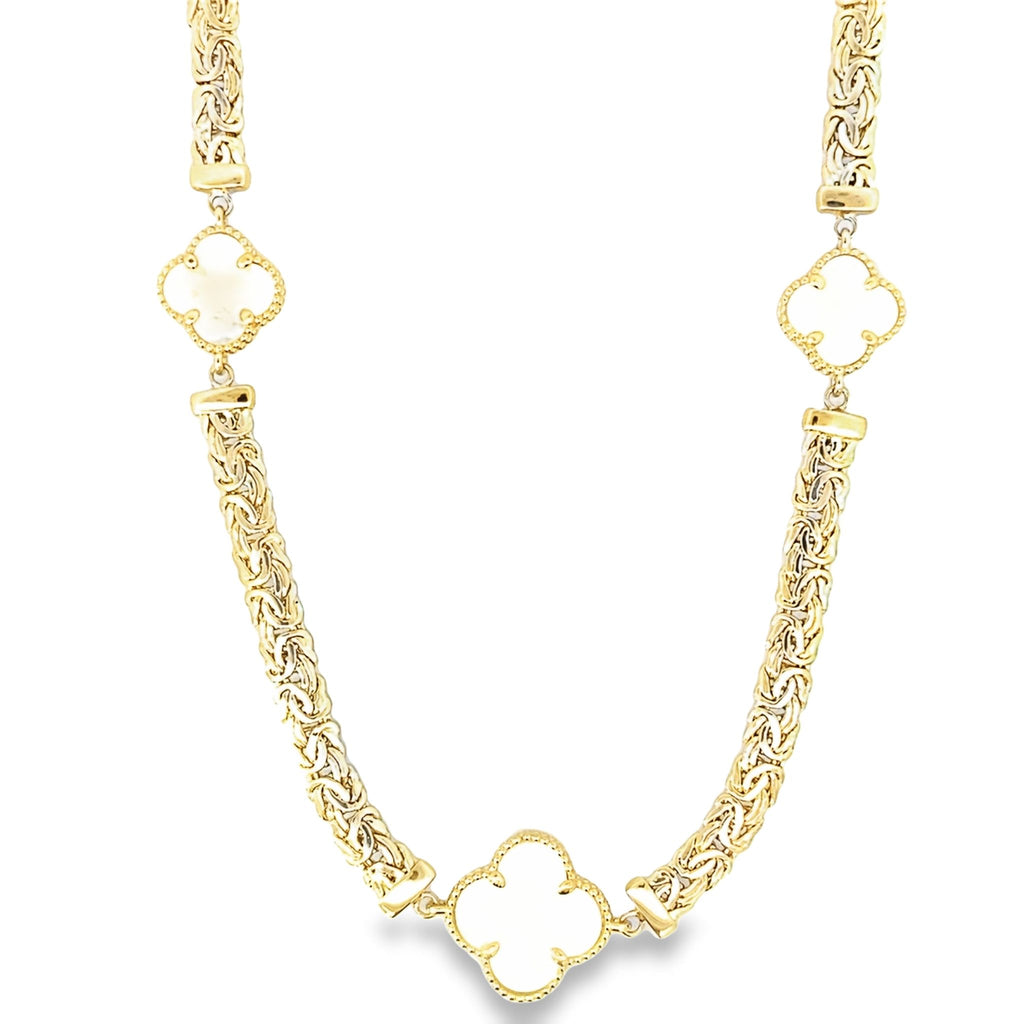 14K Yellow Gold Mother Of Pearl Flower Byzantine Link Neclace 18In