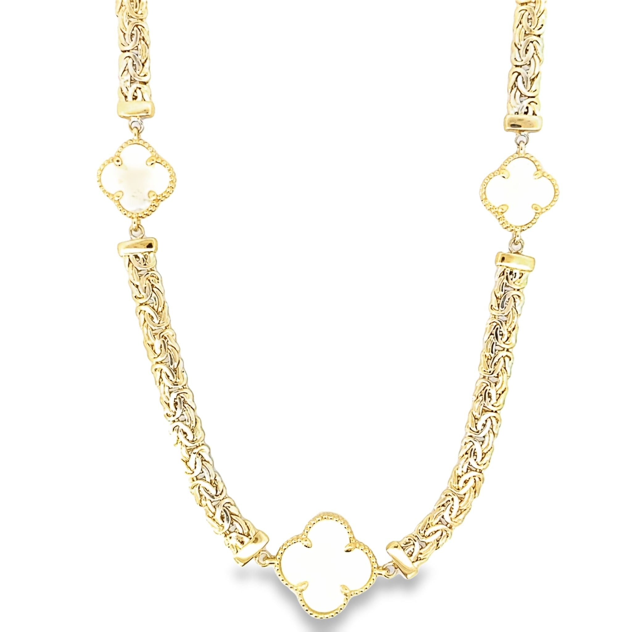 14K Yellow Gold Mother Of Pearl Flower Byzantine Link Neclace 18In