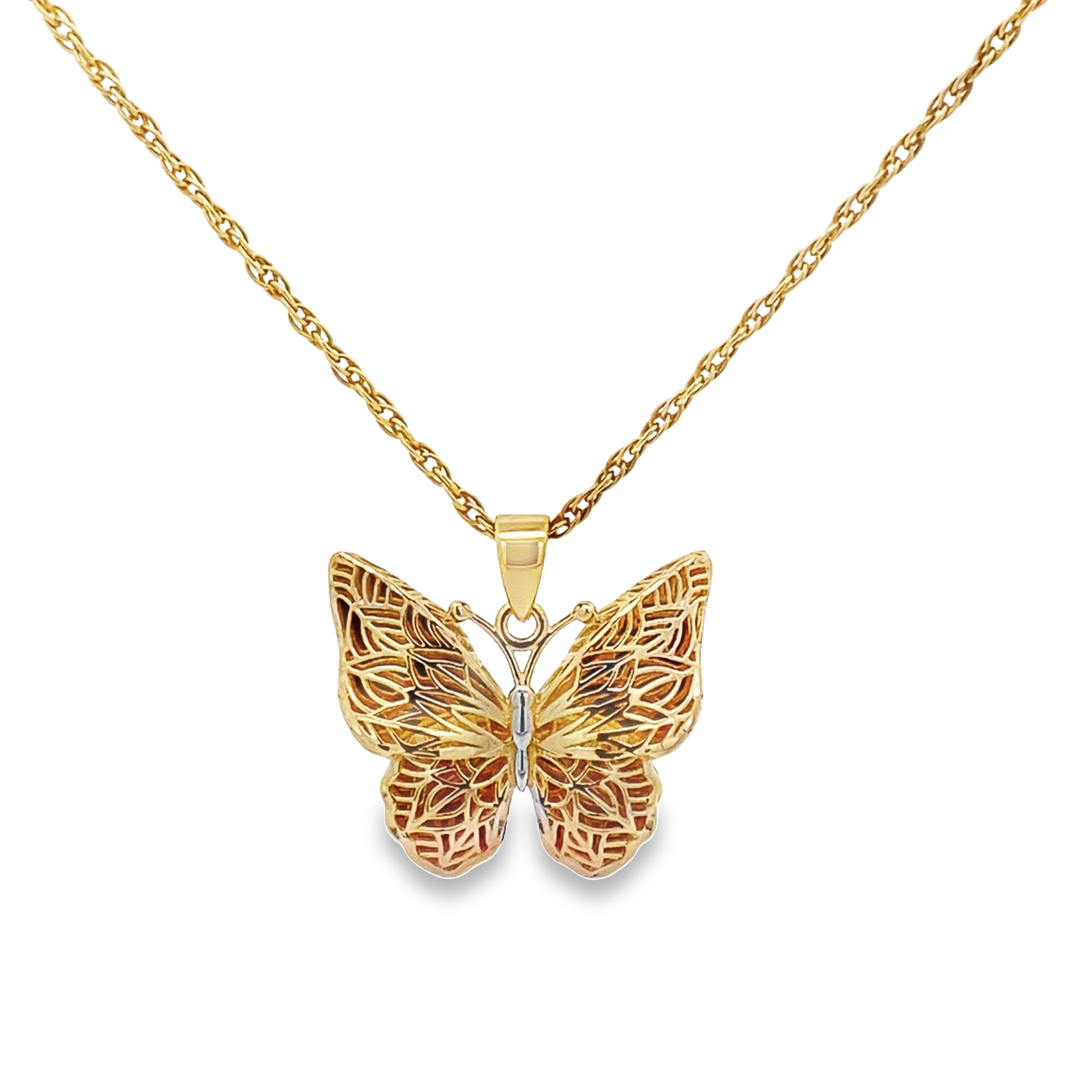 14K Two Tone Gold Filigree 3D Butterfly Pendant 1.4Dwt