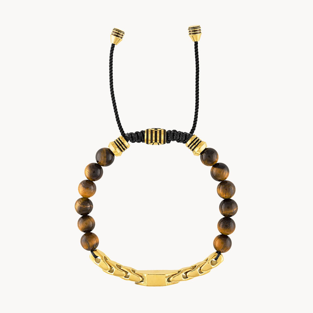 Bulova Classic Bolo Bracelet Stainless Steel Gold Tone With Black Cord  Black Spinel & Tigers Eye (Bvb1071-YSTTEBSP)