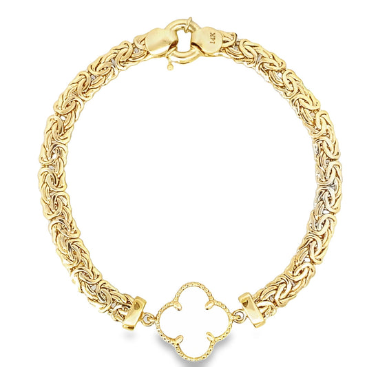 14K Yellow Gold Mother Of Pearl Flower Byzantine Link Bracelet 7.5In