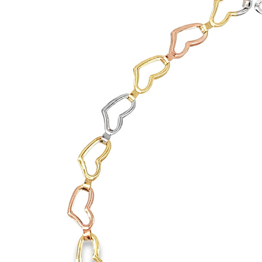 14K Tricolor Gold Hearts Style Link Bracelet 7In 1.7Dwt