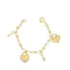 10K Yellow Gold Stirrup Bracelet W/ Hearts & Keys Charms 7.5In 5.3Dwt