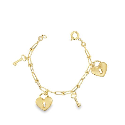 10K Yellow Gold Stirrup Bracelet W/ Hearts & Keys Charms 7.5In 5.3Dwt