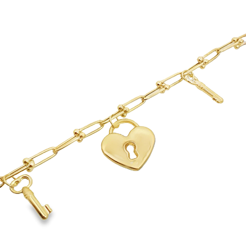 10K Yellow Gold Stirrup Bracelet W/ Hearts & Keys Charms 7.5In 5.3Dwt