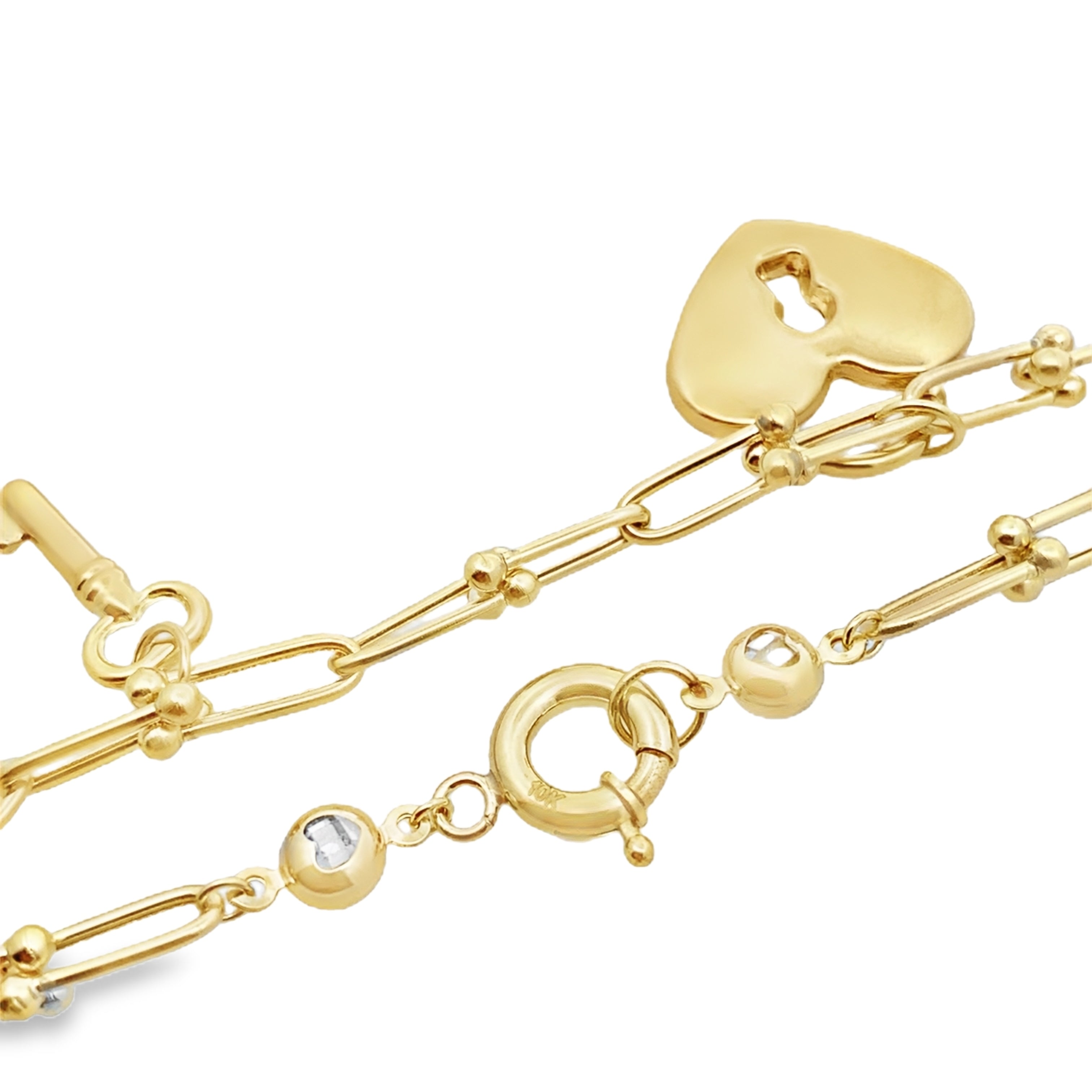 10K Yellow Gold Stirrup Bracelet W/ Hearts & Keys Charms 7.5In 5.3Dwt