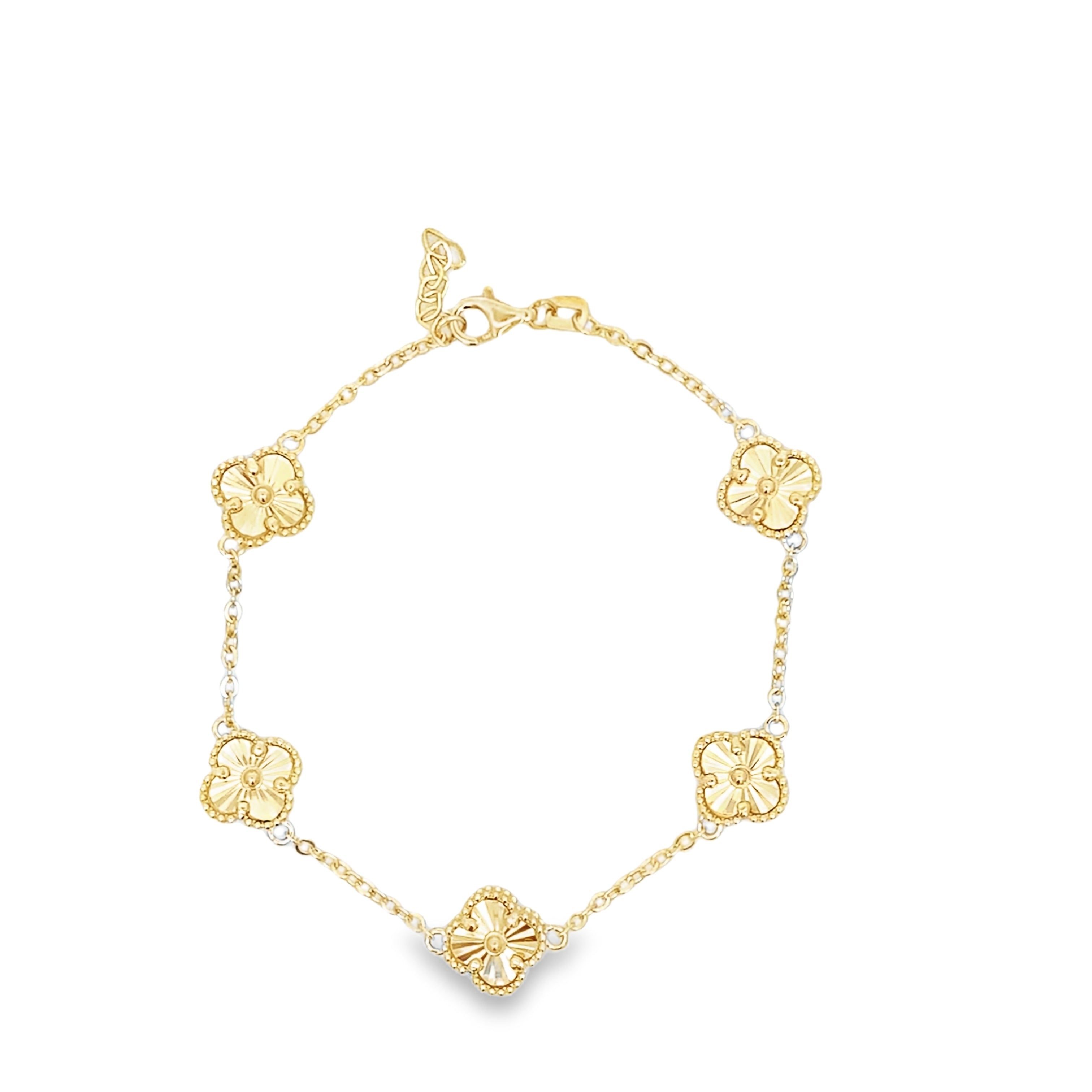 14K Yellow Gold Sunburst Five Small Flowers Bracelet 8In 4.3Dwt