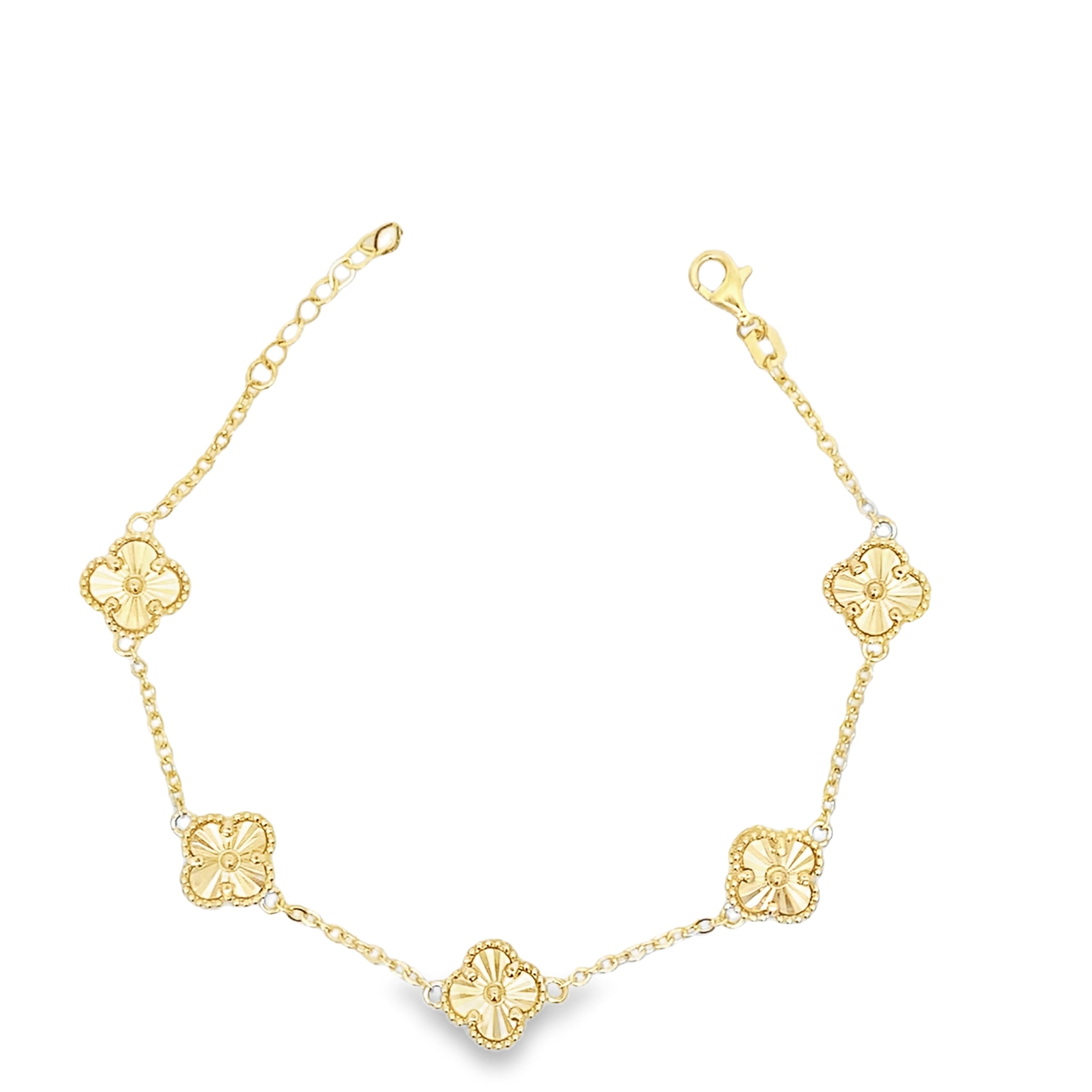 14K Yellow Gold Sunburst Five Small Flowers Bracelet 8In 4.3Dwt