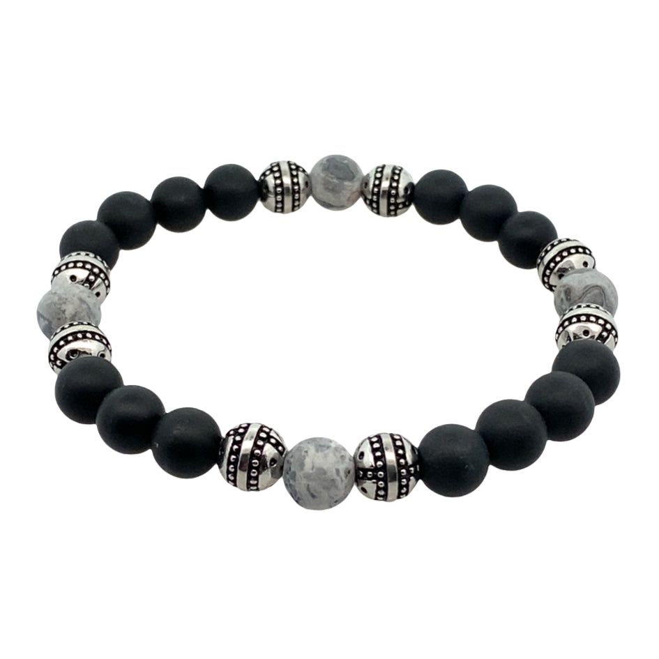 Stainless Steel Beads Grey Stone Black Matte Onyx Stretch Bracelet 8.2In