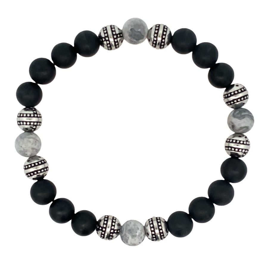 Stainless Steel Beads Grey Stone Black Matte Onyx Stretch Bracelet 8.2In