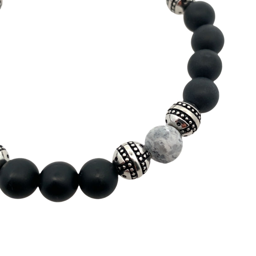 Stainless Steel Beads Grey Stone Black Matte Onyx Stretch Bracelet 8.2In