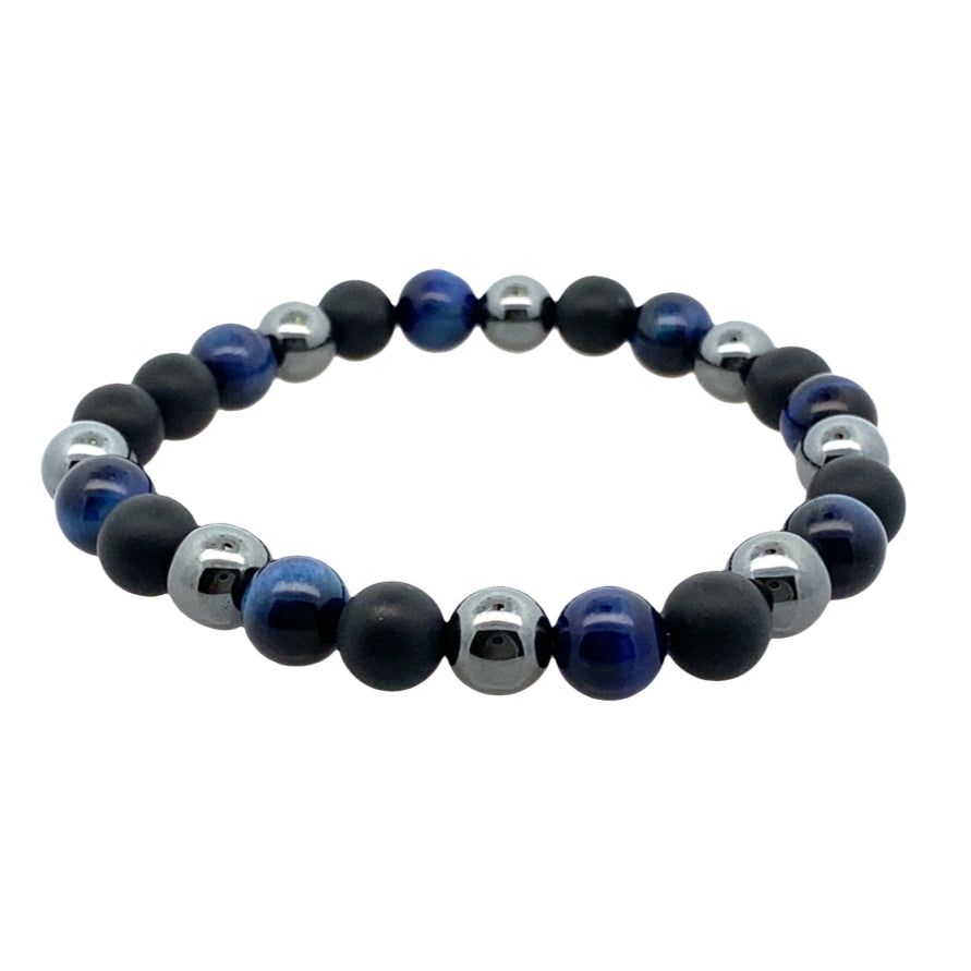 Blue Tiger's Eye Hematite Matte Onyx Mixed Bead Bracelet 8.2In