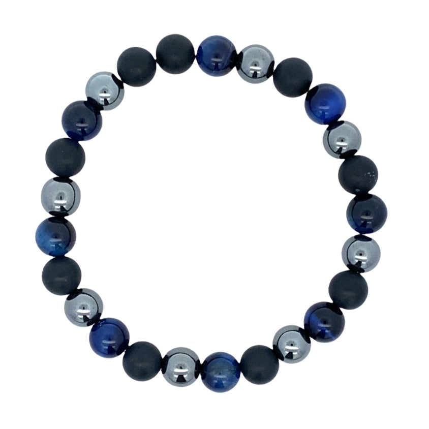 Blue Tiger's Eye Hematite Matte Onyx Mixed Bead Bracelet 8.2In