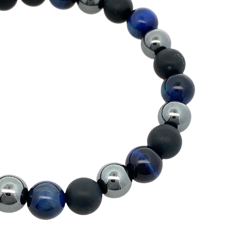Blue Tiger's Eye Hematite Matte Onyx Mixed Bead Bracelet 8.2In