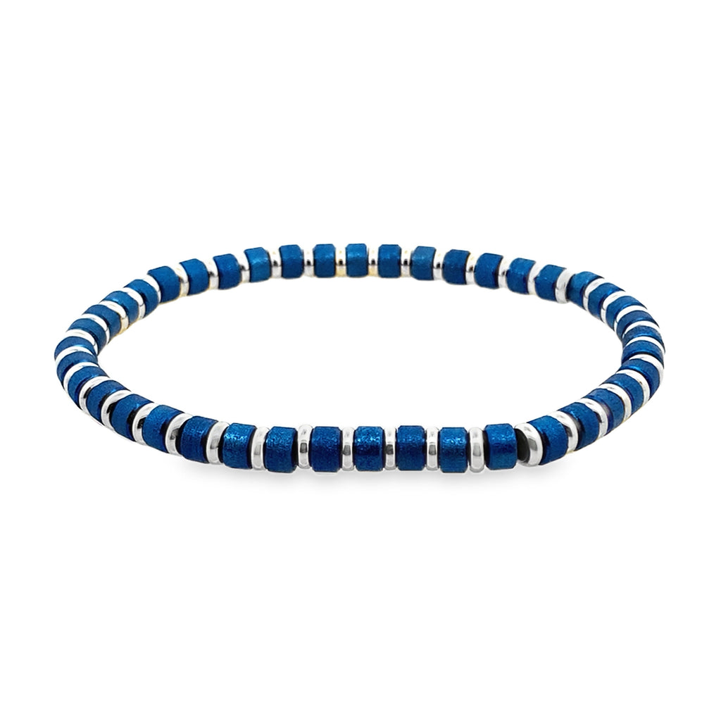 Stainless Steel  Polished Blue Ip Satin Stretch Mini Bead Bracelet 8In
