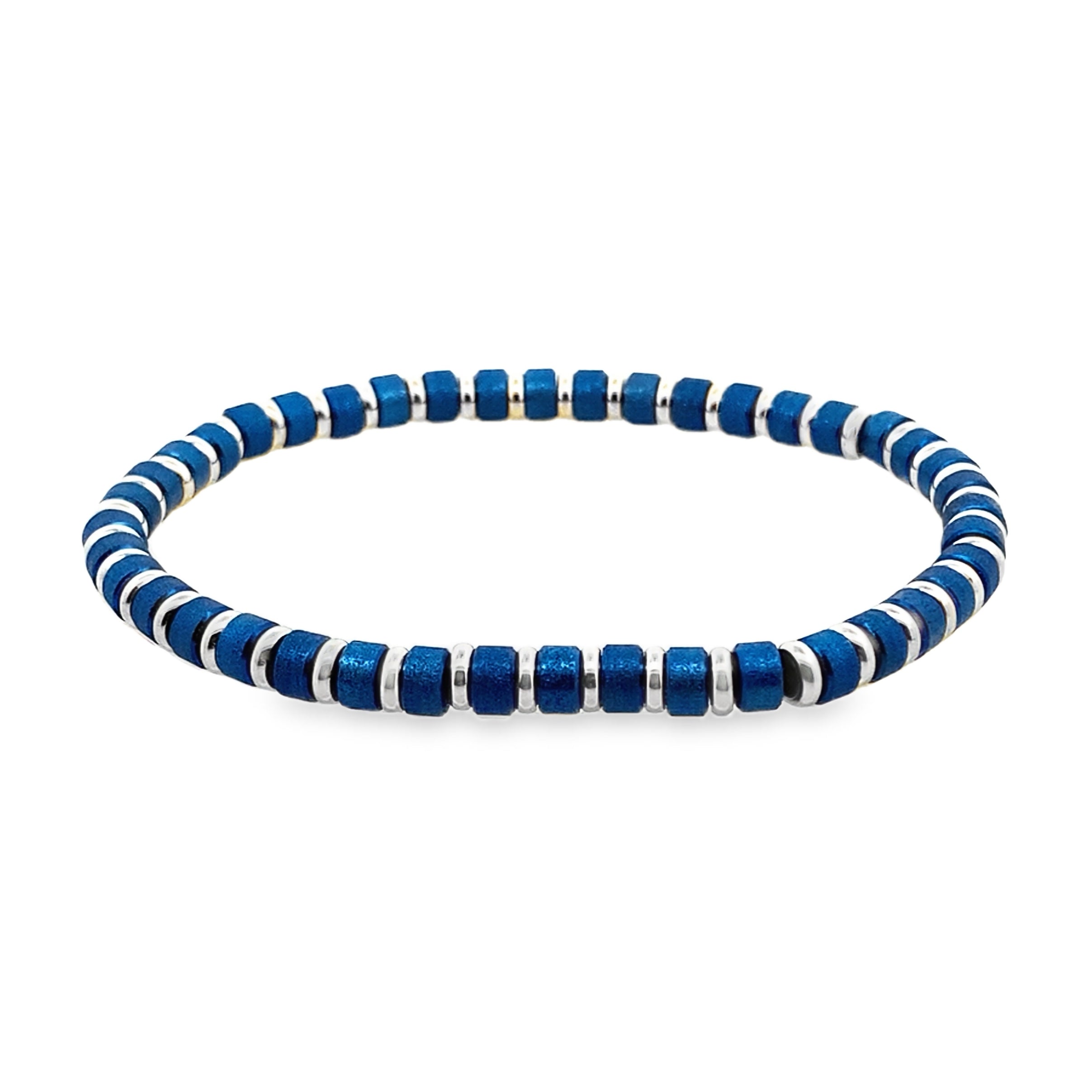Stainless Steel  Polished Blue Ip Satin Stretch Mini Bead Bracelet 8In