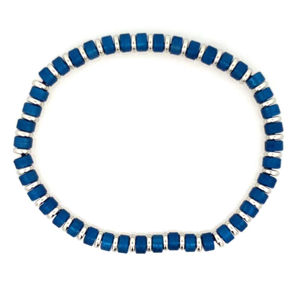 Stainless Steel  Polished Blue Ip Satin Stretch Mini Bead Bracelet 8In