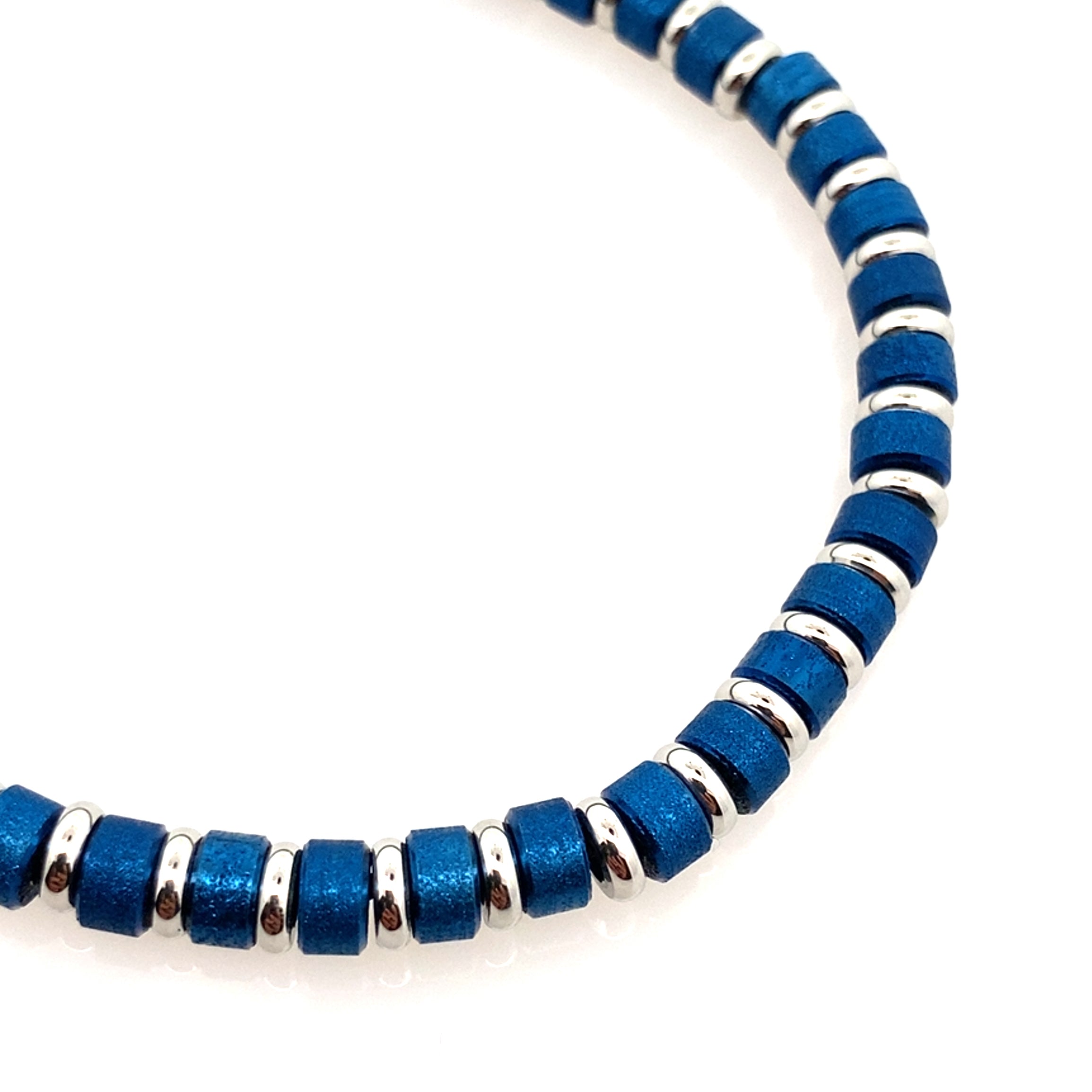 Stainless Steel  Polished Blue Ip Satin Stretch Mini Bead Bracelet 8In