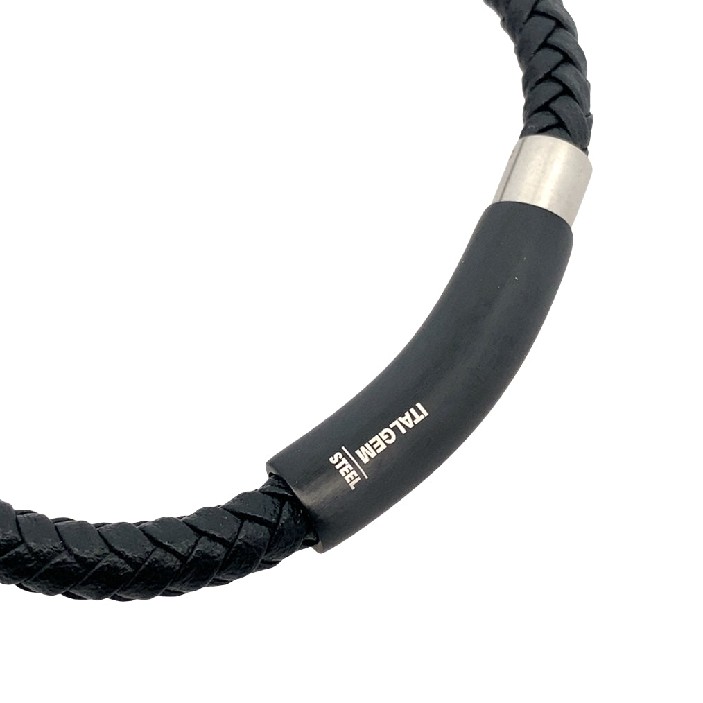 Stainless Steel Black Ip Matte Clasp Black Leather Bracelet 8.25In