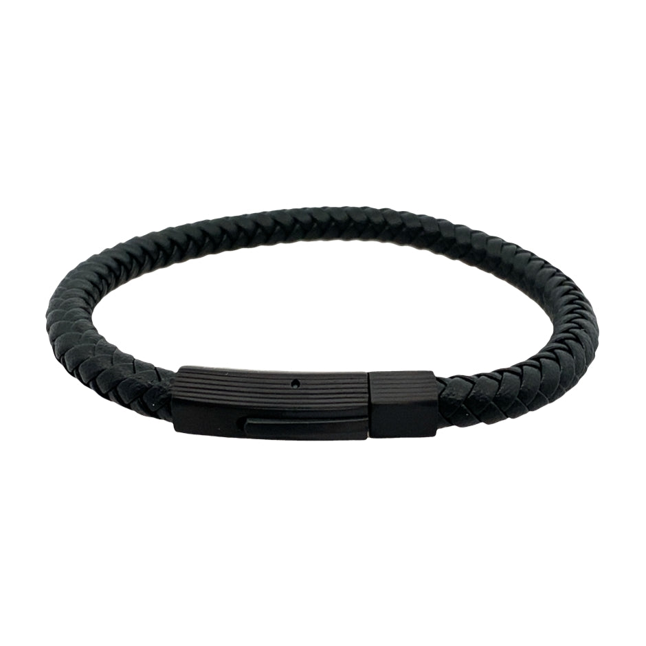 Stainless Steel Black Ip Matte Clasp Black Leather Bracelet 8.25In
