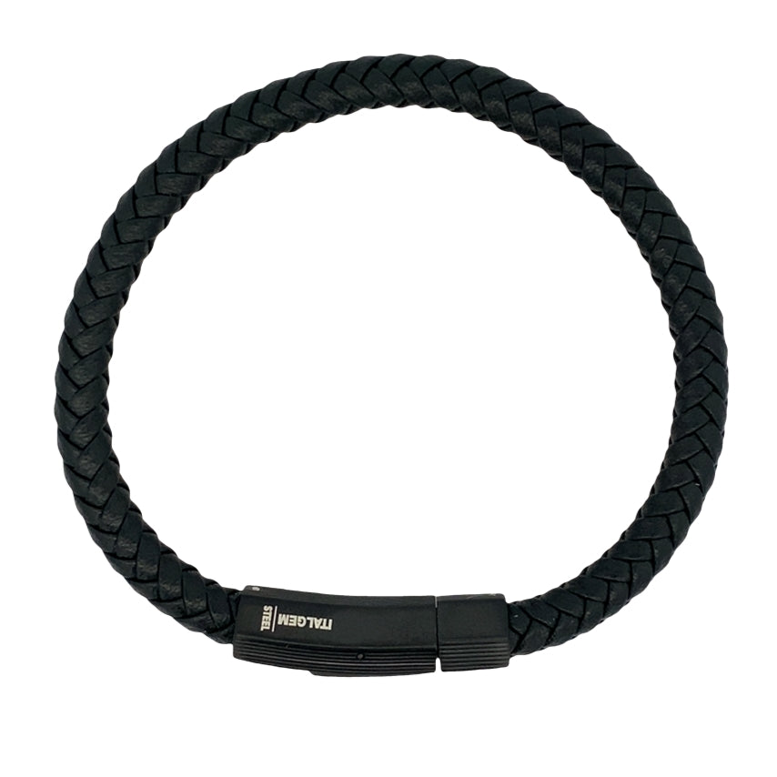 Stainless Steel Black Ip Matte Clasp Black Leather Bracelet 8.25In
