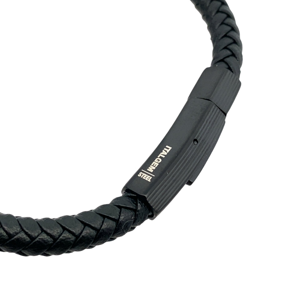 Stainless Steel Black Ip Matte Clasp Black Leather Bracelet 8.25In