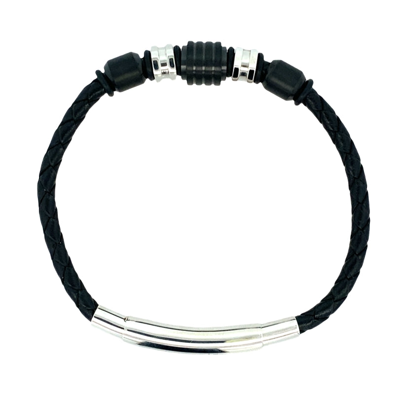 Stainless Steel Black Ip Mix Beads Black Leather Adjustable Bracelet 8-8.5In