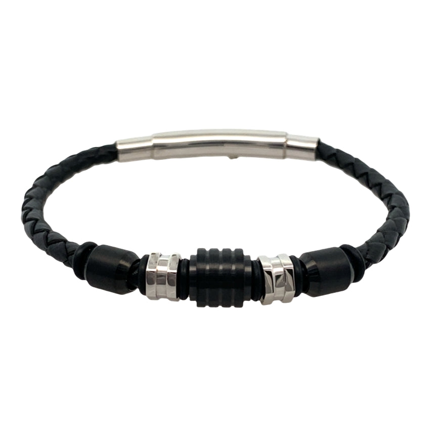 Stainless Steel Black Ip Mix Beads Black Leather Adjustable Bracelet 8-8.5In