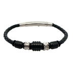 Stainless Steel Black Ip Mix Beads Black Leather Adjustable Bracelet 8-8.5In