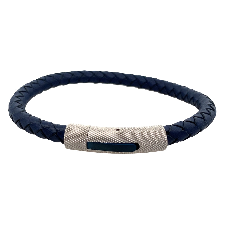 Stainless Steel Blue Ip Mesh- Clasp Blue Leather Bracelet 8In