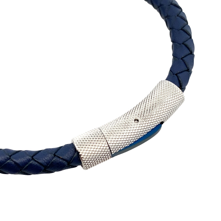 Stainless Steel Blue Ip Mesh- Clasp Blue Leather Bracelet 8In