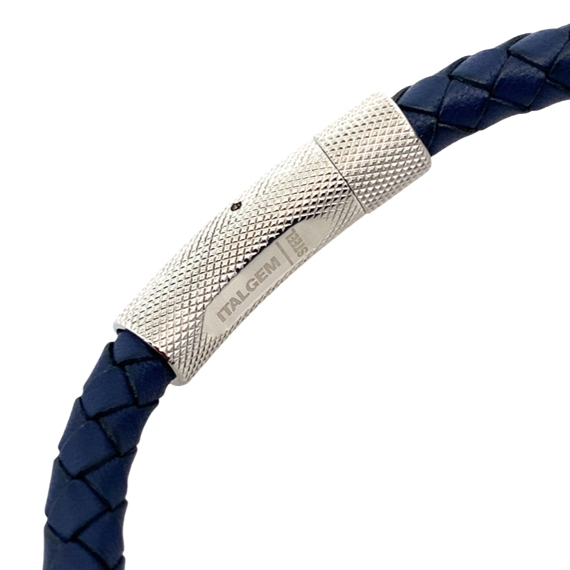 Stainless Steel Blue Ip Mesh- Clasp Blue Leather Bracelet 8In