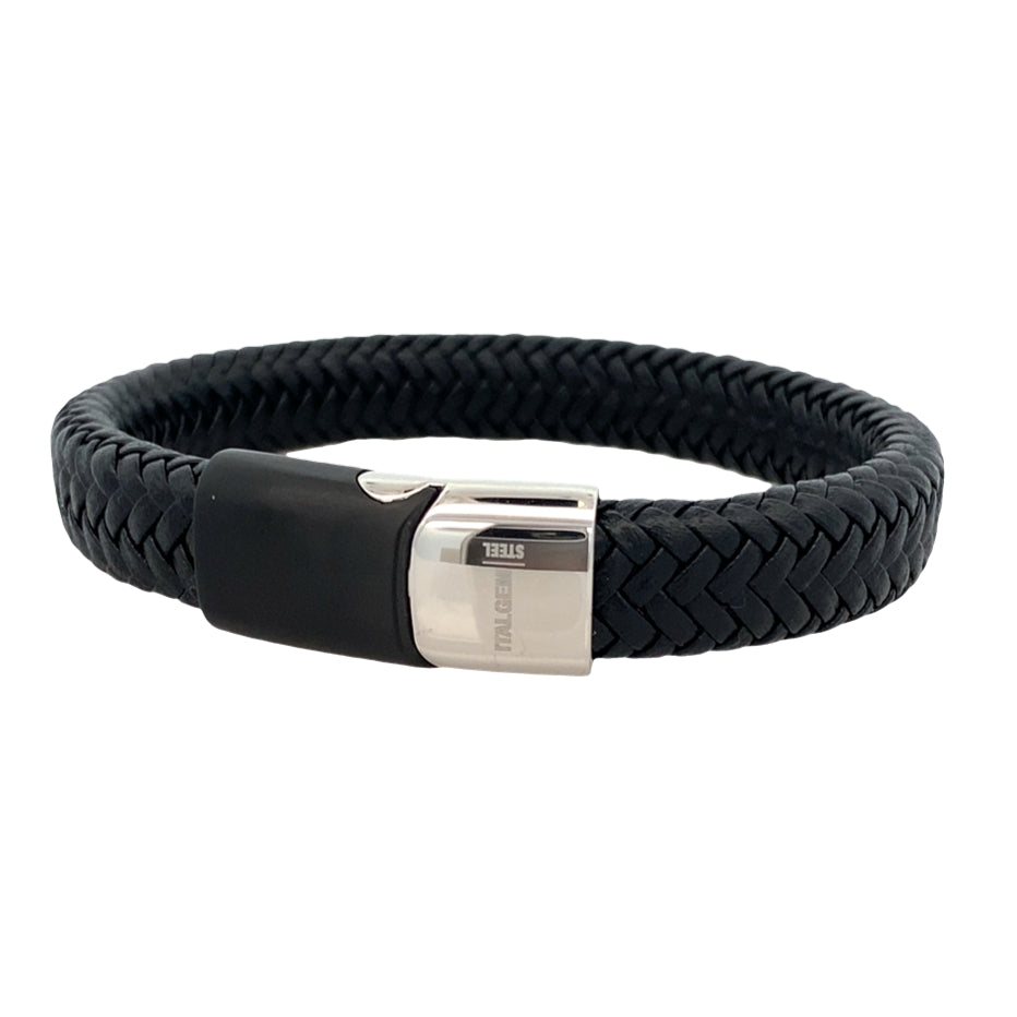 Stainless Steel Black Matte Sideways Clasp Black Leather Bracelet 8.2In