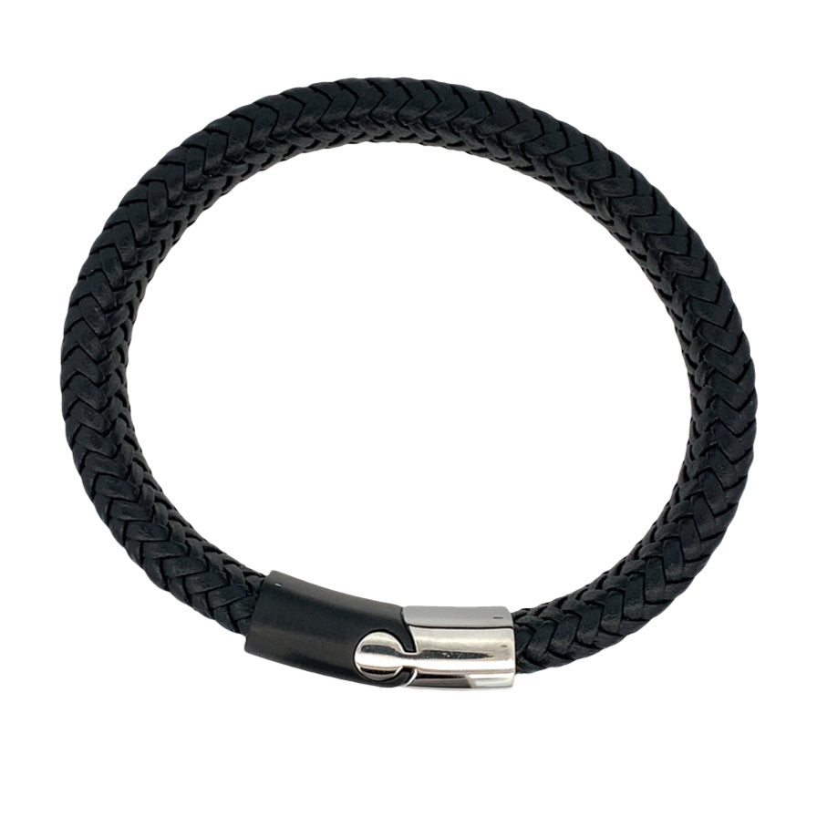 Stainless Steel Black Matte Sideways Clasp Black Leather Bracelet 8.2In